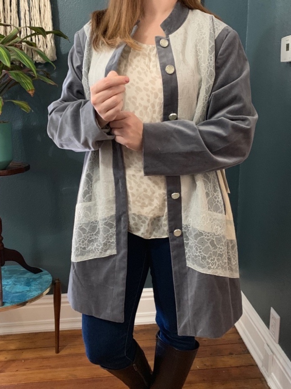 Chicos SZ 3 Silver Treasure Artisan Duster Jacket US XL Velvet Floral La…